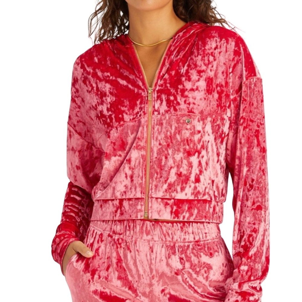 NWT Fabletics Crushed Velour Zip Up Hoodie Jacket in Strawberry Red